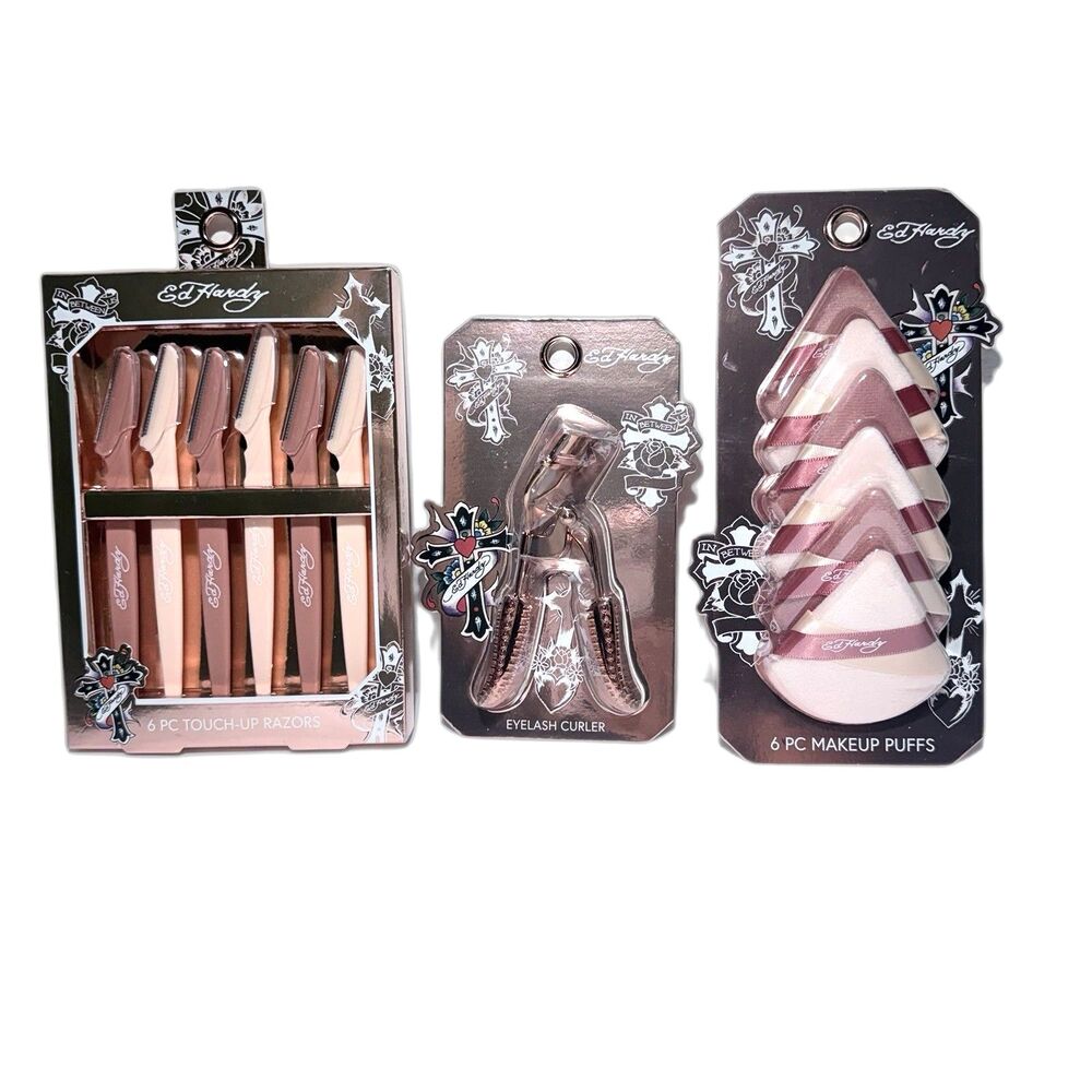 Ed Hardy BUNDLE- 6Pc Makeup Puffs, 6Pc Touch-Up Razors, 1 Eyelash Curler NWT - Picture 3 of 4